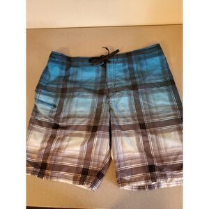 Rusty Shorts Mens Sz 38 Blue Gray‎ Teal Plaid Bottle Opener Wax Comb Surf Swim